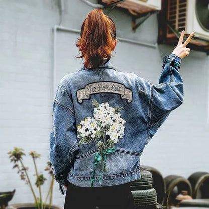 Manteau en jean déchiré pour femmes, avec imprimé