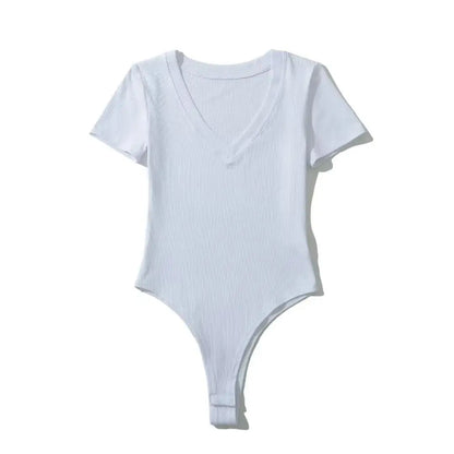 Body tricotée pour femme, manches courtes, col en V, extensible