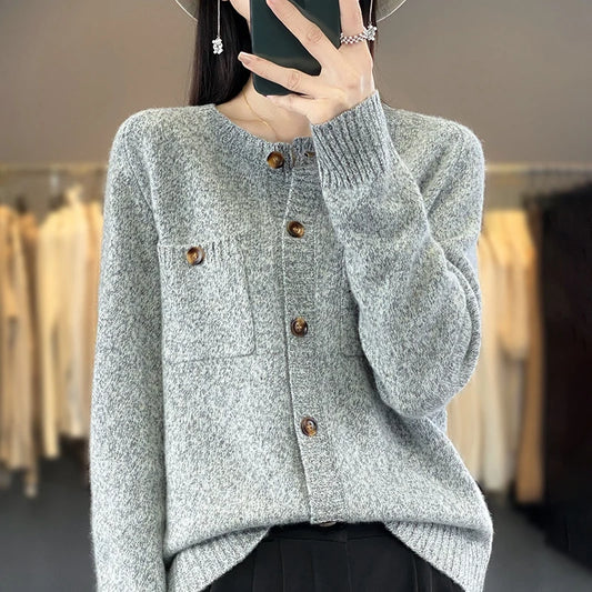 Pull cardigan en laine avec poches pour femmes, col rond, haut à manches longues