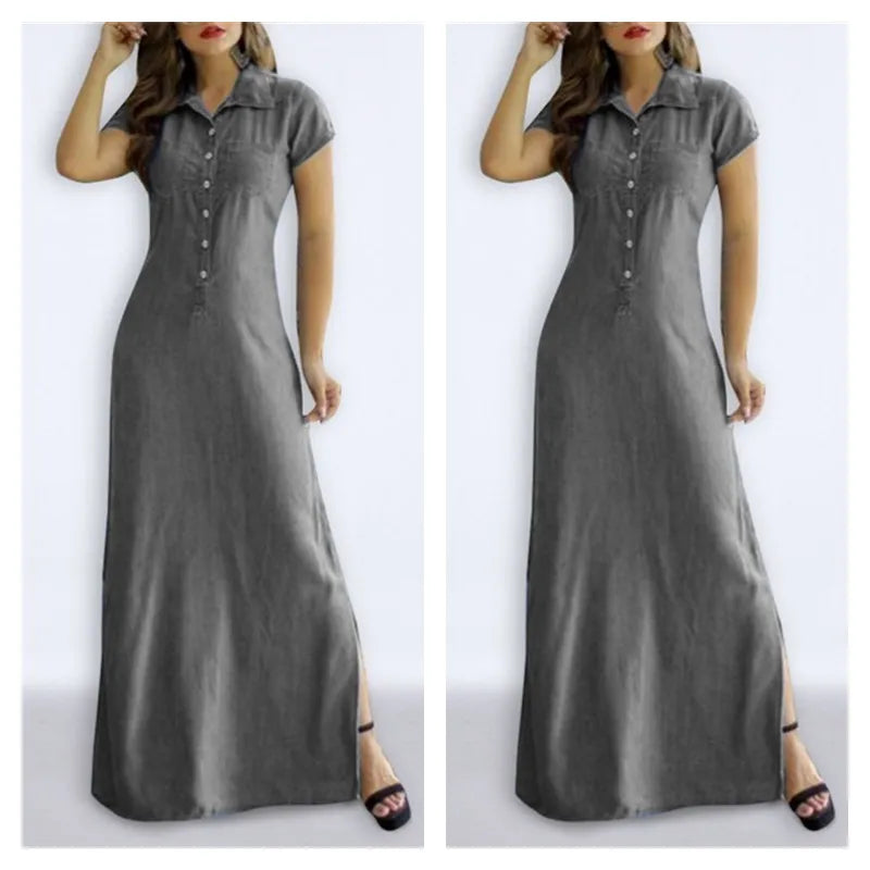 Robe Longue en jean avec Col Chemise et Poches Fendues