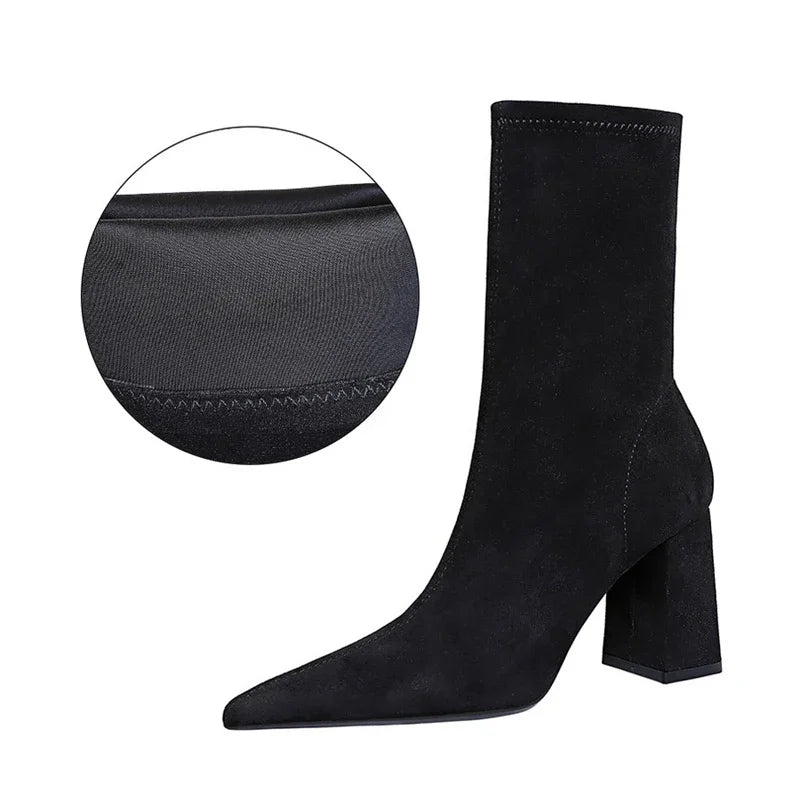 Bottines noir tissu élastique pointu talons carrés pour femmes