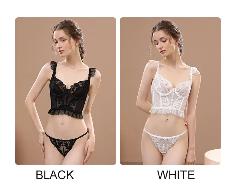 Ensembles de soutien-gorge et culotte transparents en dentelle brodée noire pour femmes