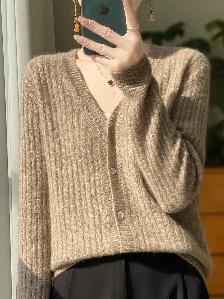 Cardigan à col en v pour femme, pull en cachemire