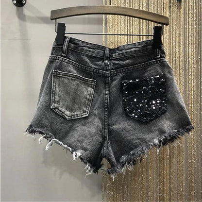 Short en jean à paillettes pour femmes, taille haute, grande taille, trou