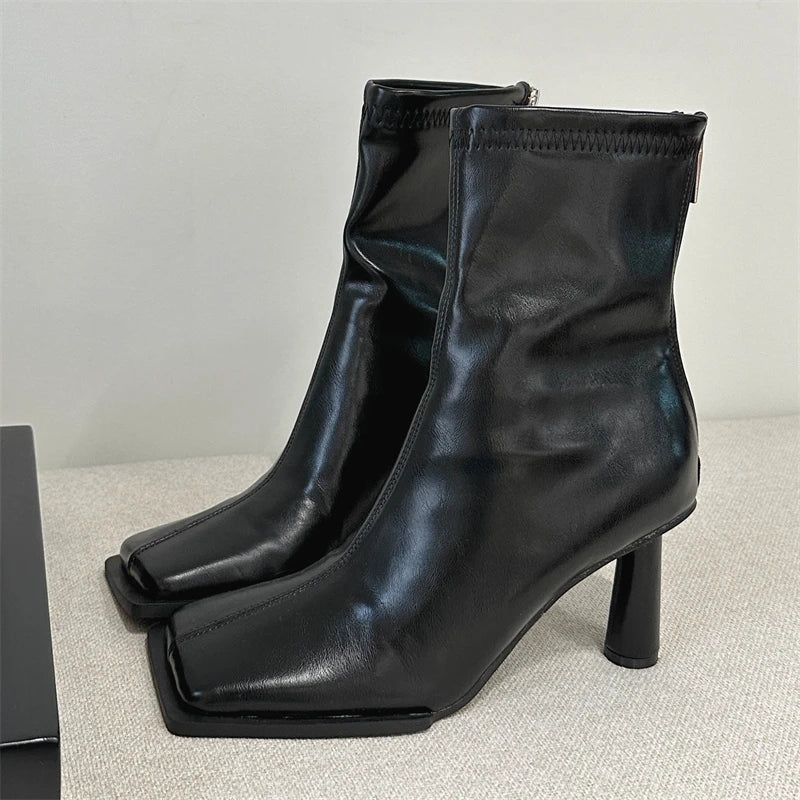 Bottines pour femmes en cuir PU bout carré talons aiguilles