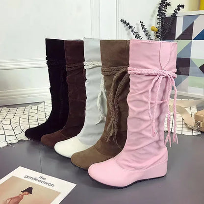 Bottes en daim pour femmes, longueur au genou, avec glands, décontractées