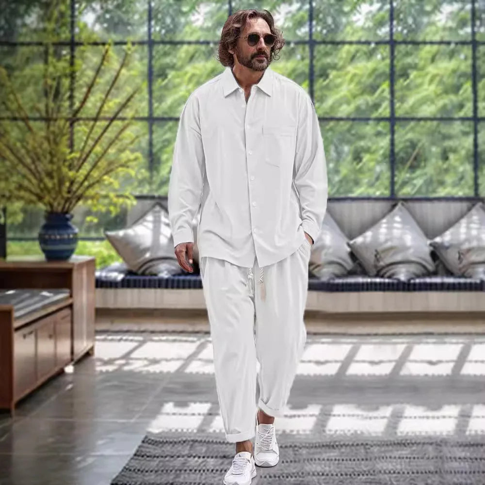 Ensembles chemise et pantalon en coton et lin pour hommes