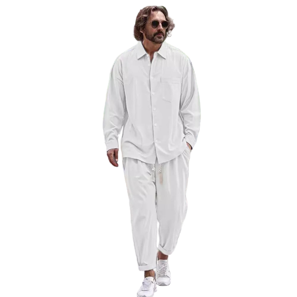 Ensemble chemise à revers et pantalon décontracté confortable en coton et lin pour hommes