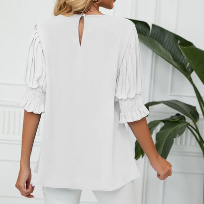 Chemise plissé à col rond et manches courtes pour femmes, chemisier polyvalent,