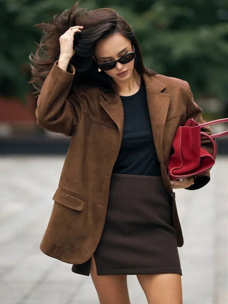 Veste Rétro Marron à Revers avec Poche pour Femme