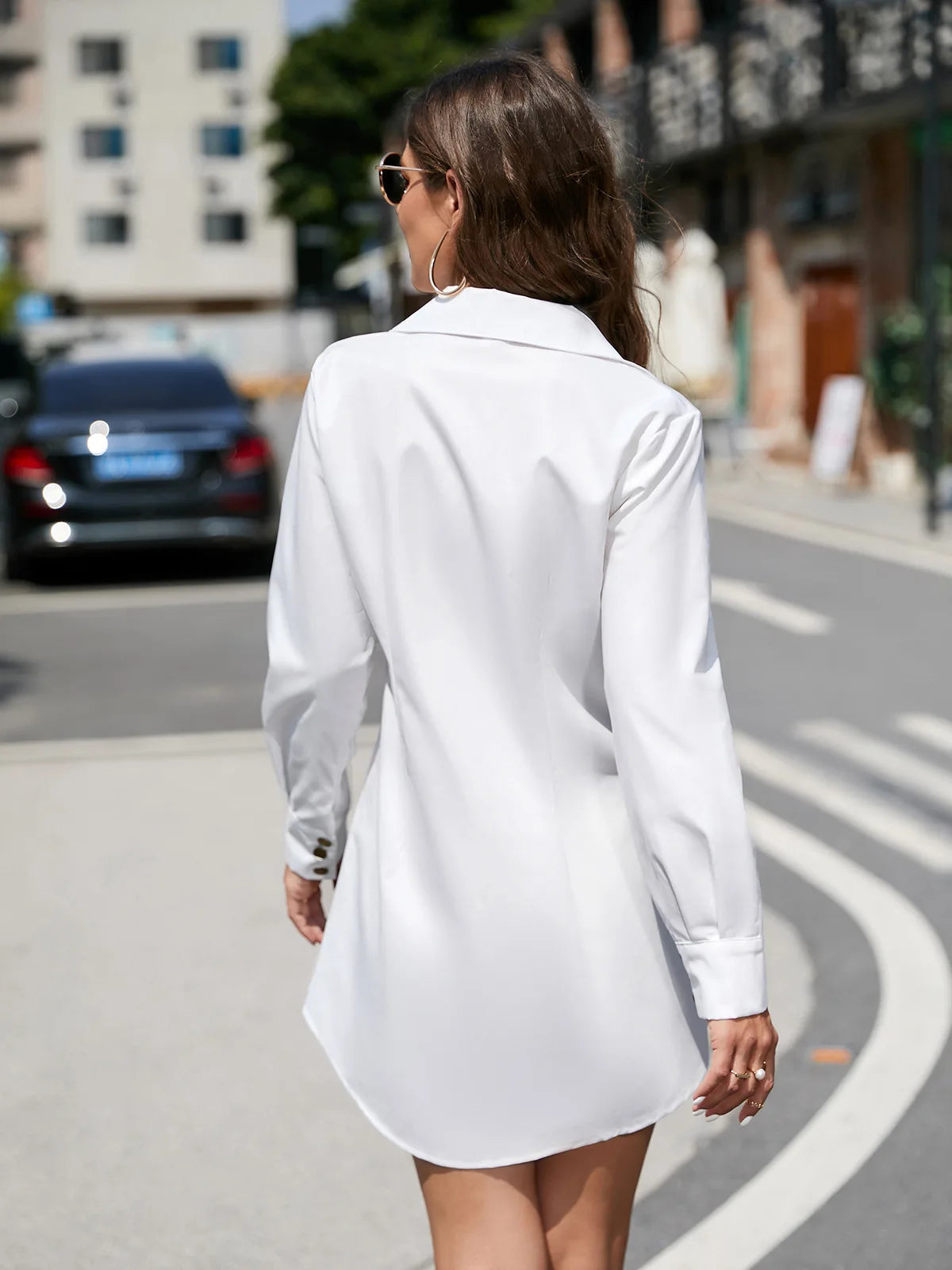 Robe chemise blanche élégante pour femmes, couleur unie, manches longues, décontractée