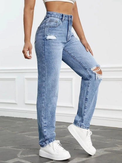 Jeans déchiré taille haute pour femmes mode adt Slim jambe droite