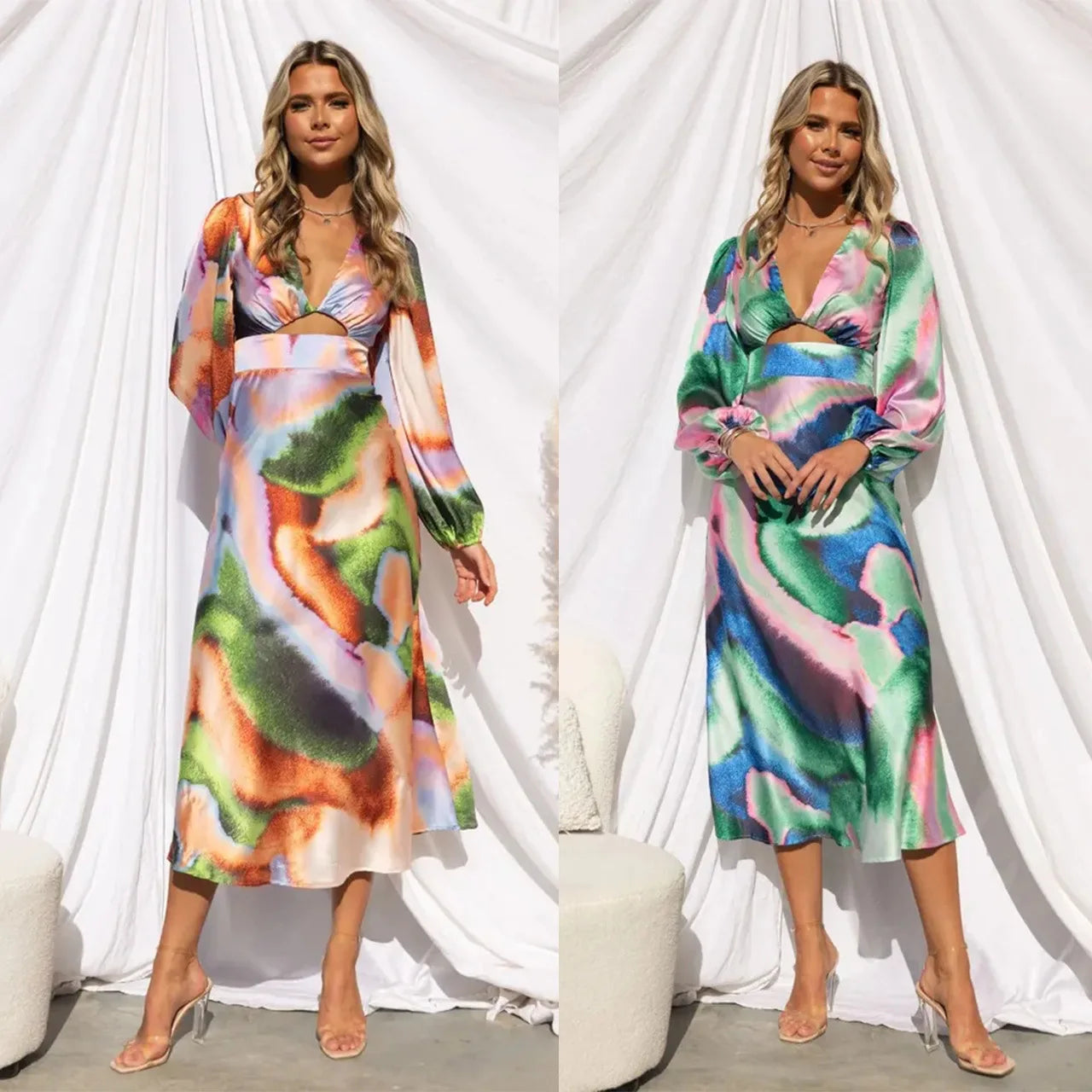 Robe longue en Satin pour femmes, Sexy, moulante, imprimé Tie Dye, manches longues, décolleté en v profond, ajouré