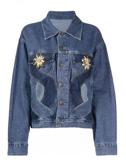 Veste en jean évidée pour femme, manches longues, combi à revers croisé