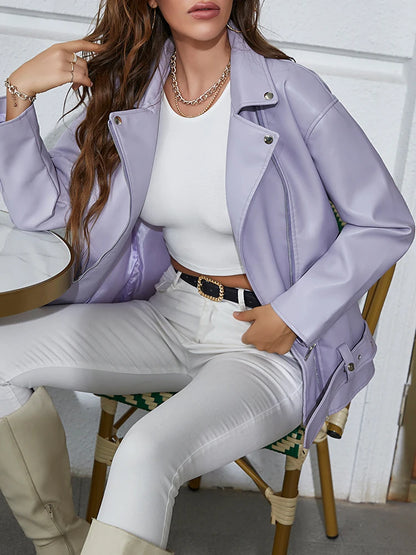 Veste pour femmes lâche Pu veste en Faux cuir fermeture éclair ceinture