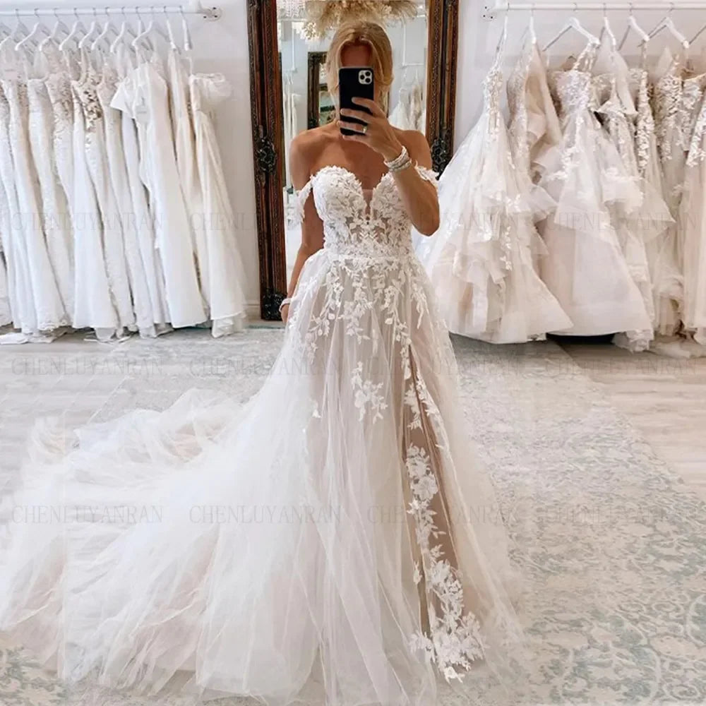 Robe de mariée bohème fendue sur le côté pour femme, robe trapèze sexy, longue robe de mariée avec appliques en dentelle