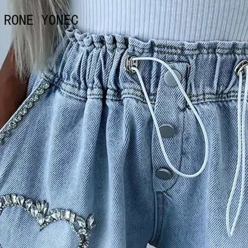 Short en jean décontracté pour femme avec strass et cœur, taille élastique