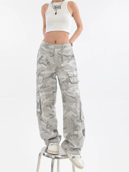 Pantalon cargo camouflage gris pour femme, style vintage