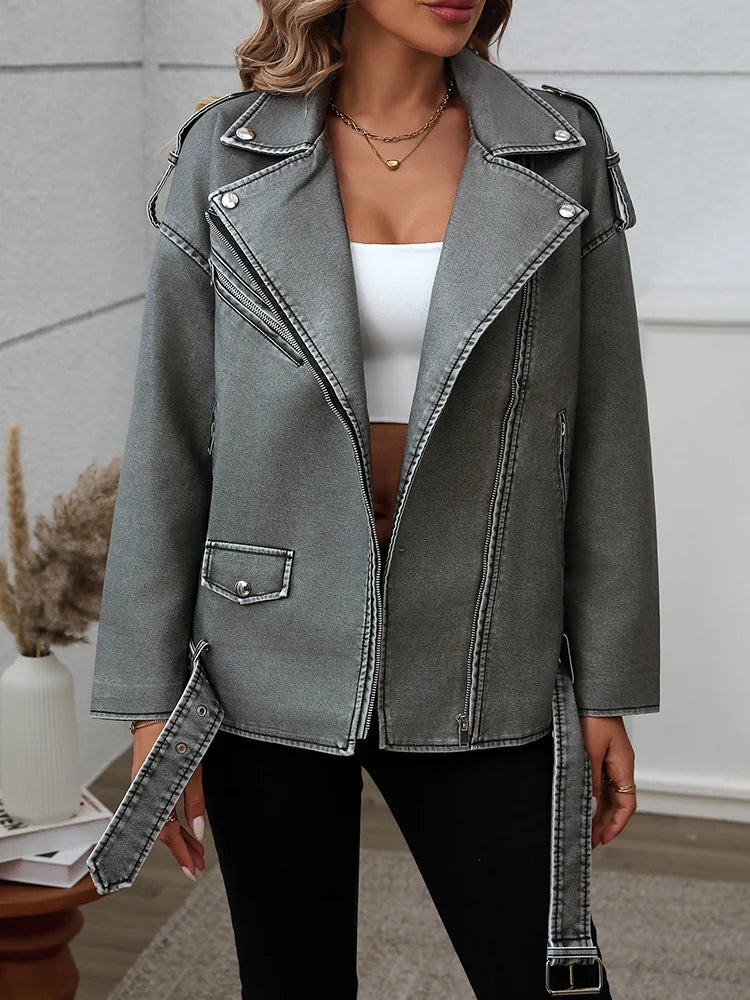 Veste rétro  avec ceinture ample en simili cuir pour femmes