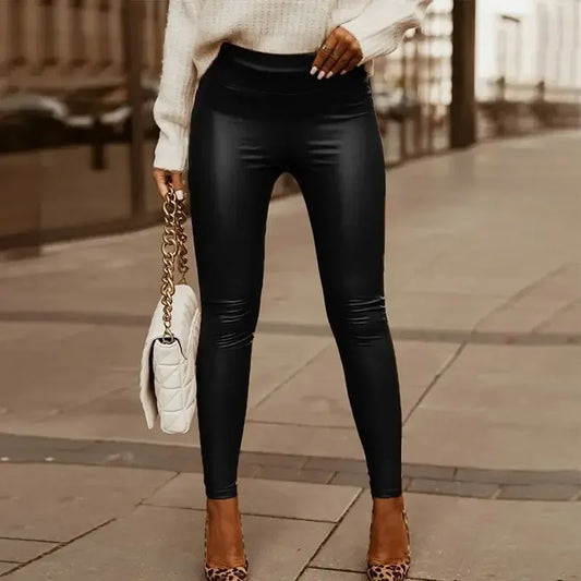 Pantalon skinny en cuir PU pour femme, fermeture éclair en dentelle