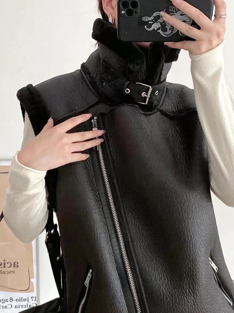 veste pour femmes Lâche Épais Chaud Faux Cuir Fourrure Gilet avec Ceinture