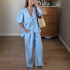 Ensemble 100% coton lin décontracté ample pantalons longs pour femmes