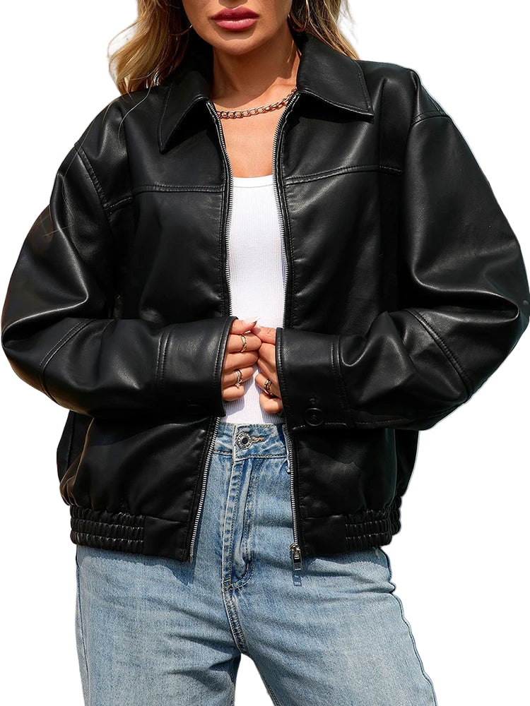 Veste rétro lâche zip Noir Similicuir pour femmes