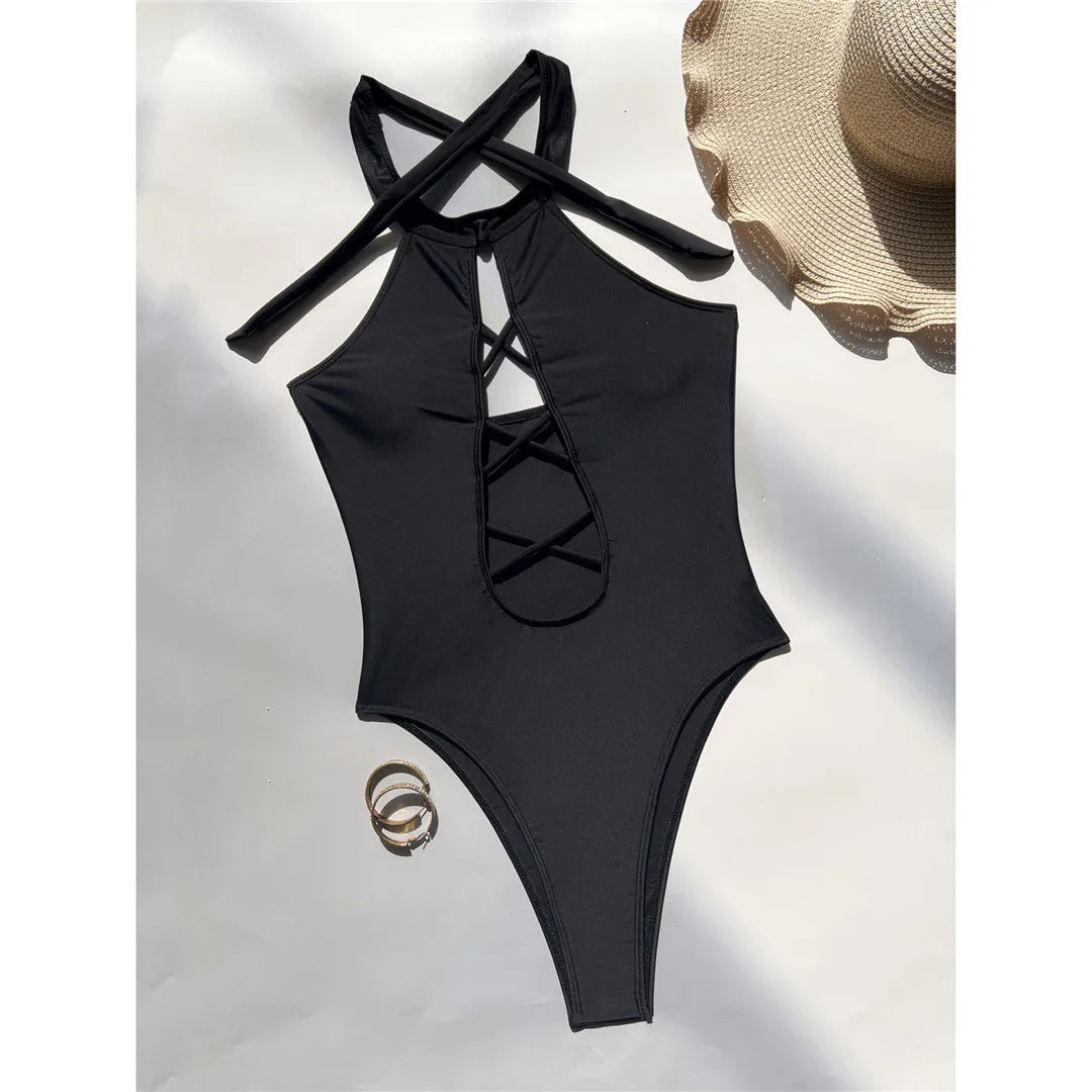 Maillot de bain une pièce à lacets, col haut, dos nu pour femmes
