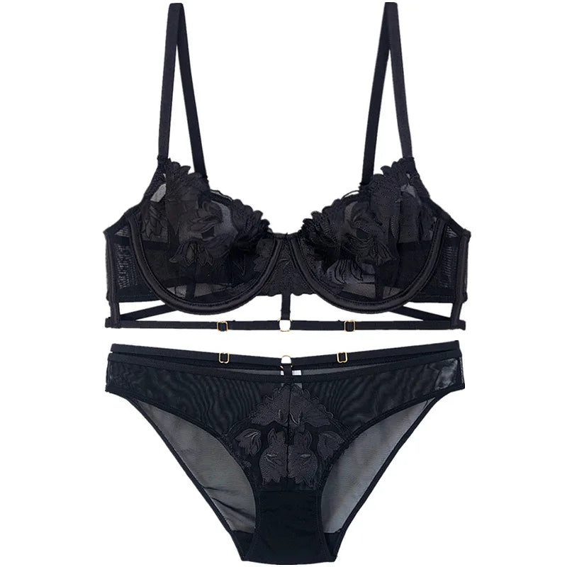 Ensemble de soutien-gorge Ultra-fin en dentelle brodée de fleurs, bonnet CD, sous-vêtements transparents ajourés, Sexy, grande taille, brassière, culotte