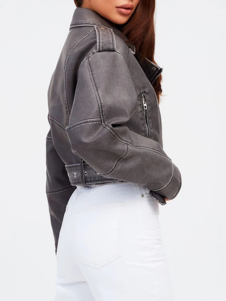 Veste courte gris pu faux cuir pour femme