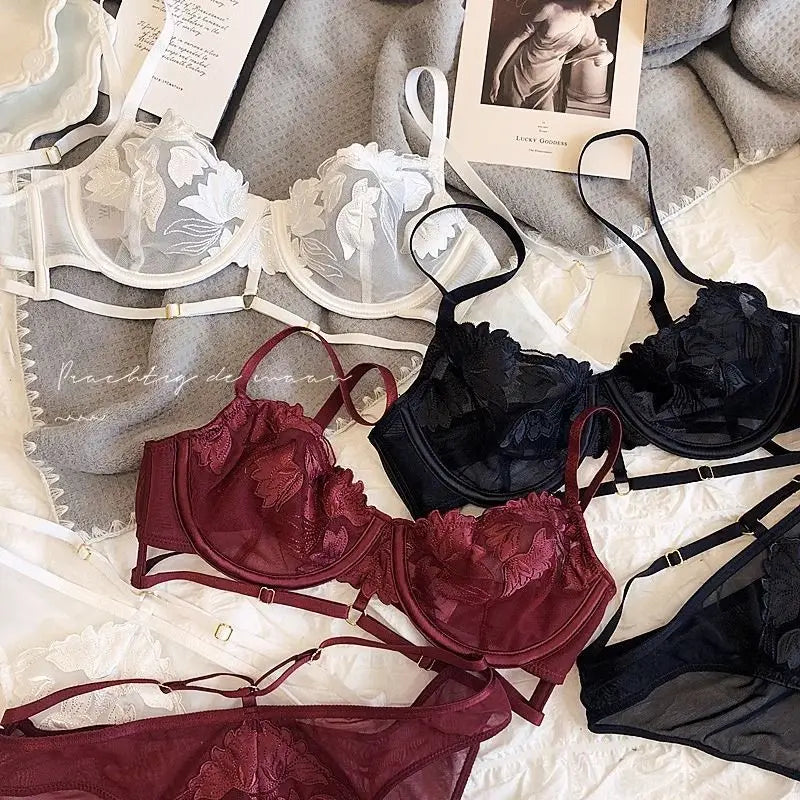 Ensemble culotte et soutien gorge à sangles en maille brodées françaises, ultra-minces pour femmes