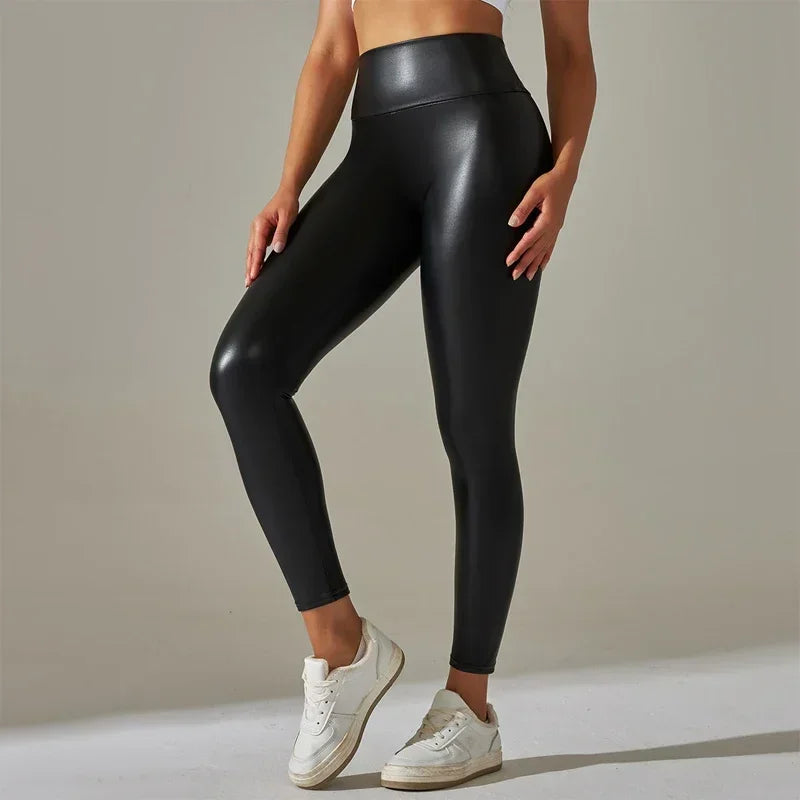 Leggings de musculation tendance pour femmes, pantalons en cuir PU taille haute