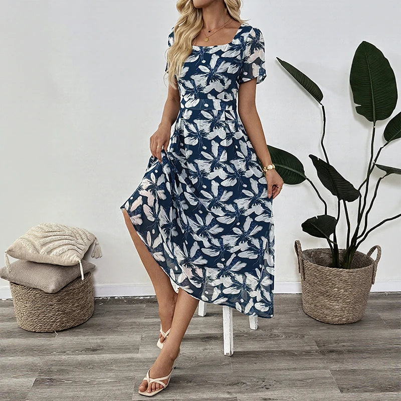 Robe longue à col carré et imprimé rétro pour femmes