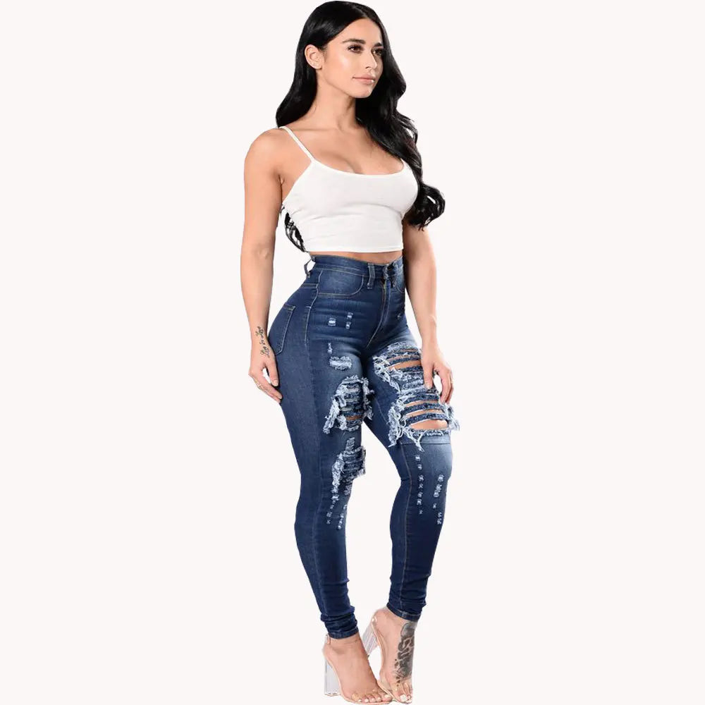 Jean déchiré taille haute pour femmes, mode élastique Slim Hip Lift