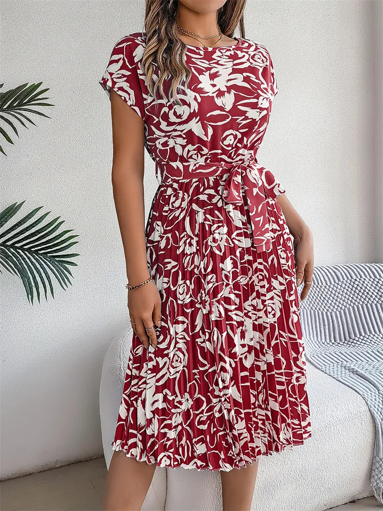 Robe longue décontractée à manches courtes pour femmes, col rond, à lacets, motif Floral plissé