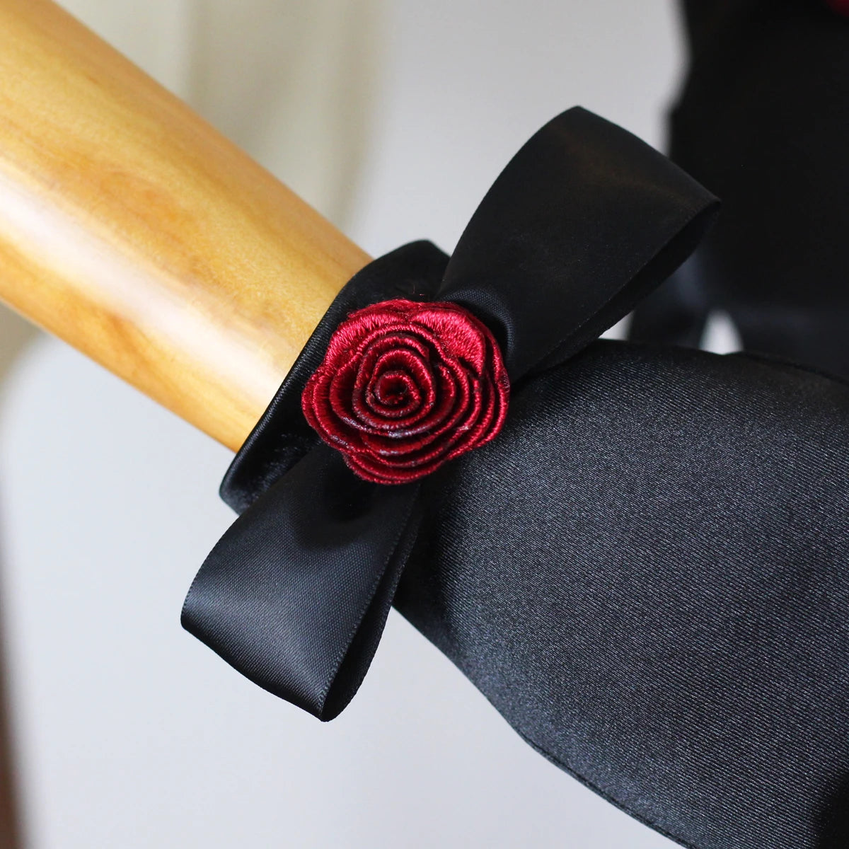 Gants élégants pour mariage, gants de poignet courts, fil rouge, rose, satin noir