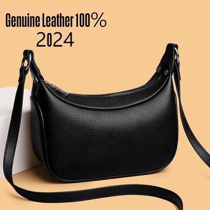 Sac à bandoulière demi-lune pour femmes, couleur unie, 100% cuir de vache, grande capacité