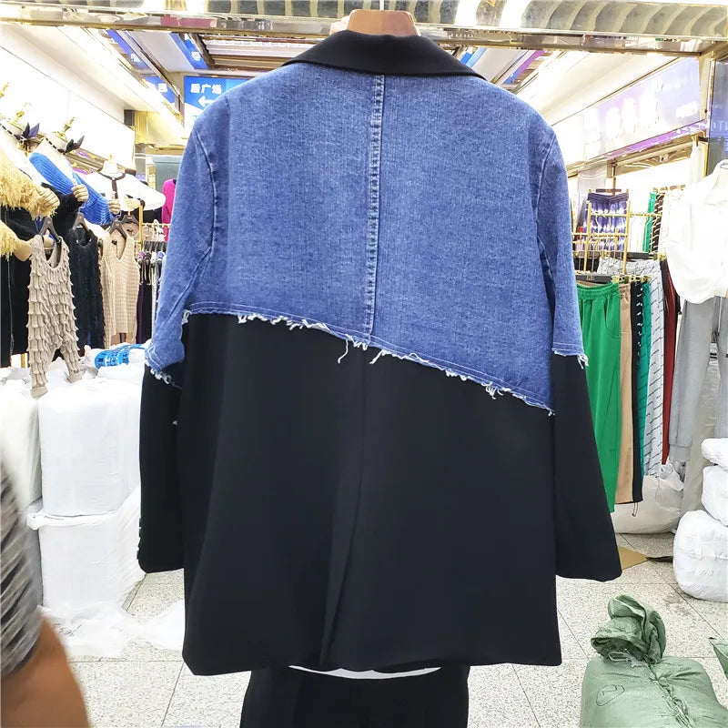 Veste blazer patchwork en denim vintage pour femme