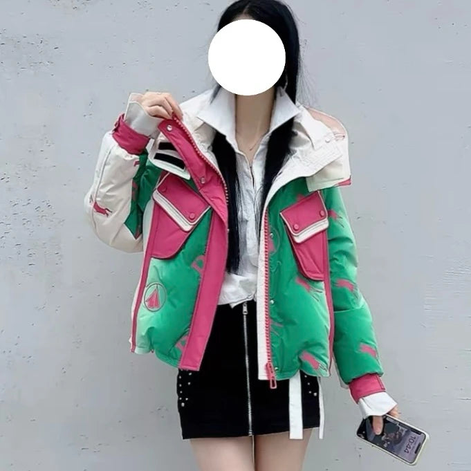 Doudoune à capuche imprimée dégradée, Streetwear brillant pour femme