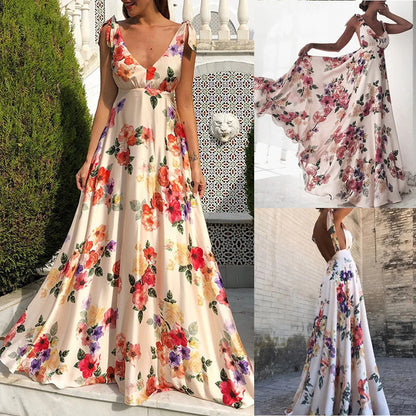 Robe longue à lacets sans manches pour femmes, imprimé floral, nœud papillon, Sexy, col en v, dos nu