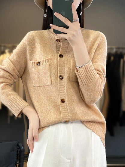 Pull cardigan en laine avec poches pour femmes, col rond, haut à manches longues