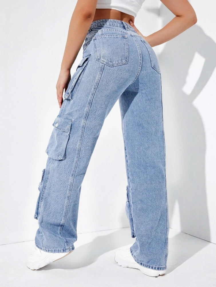 Jeans taille haute pour femmes, multi-poches  Cargo Pantalon décontracté