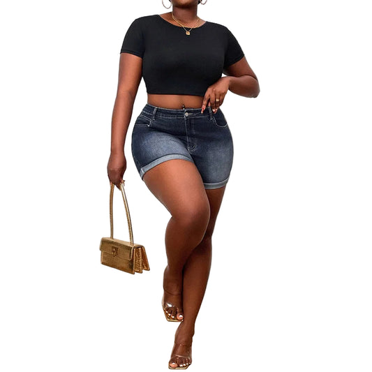 Short en jean grande taille style rétro américain à ourlet roulé pour femmes