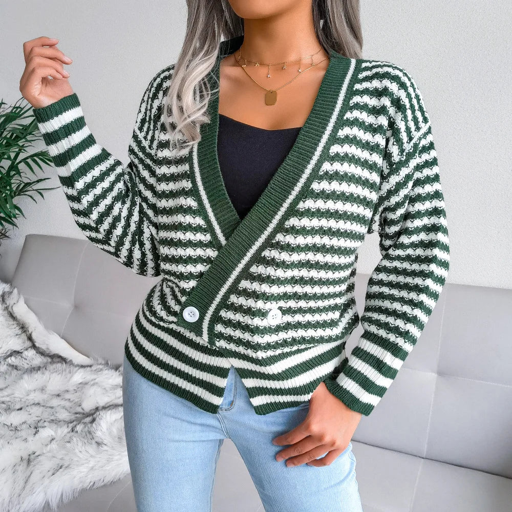 Cardigan tricoté à manches longues et col en v rayé pour femme