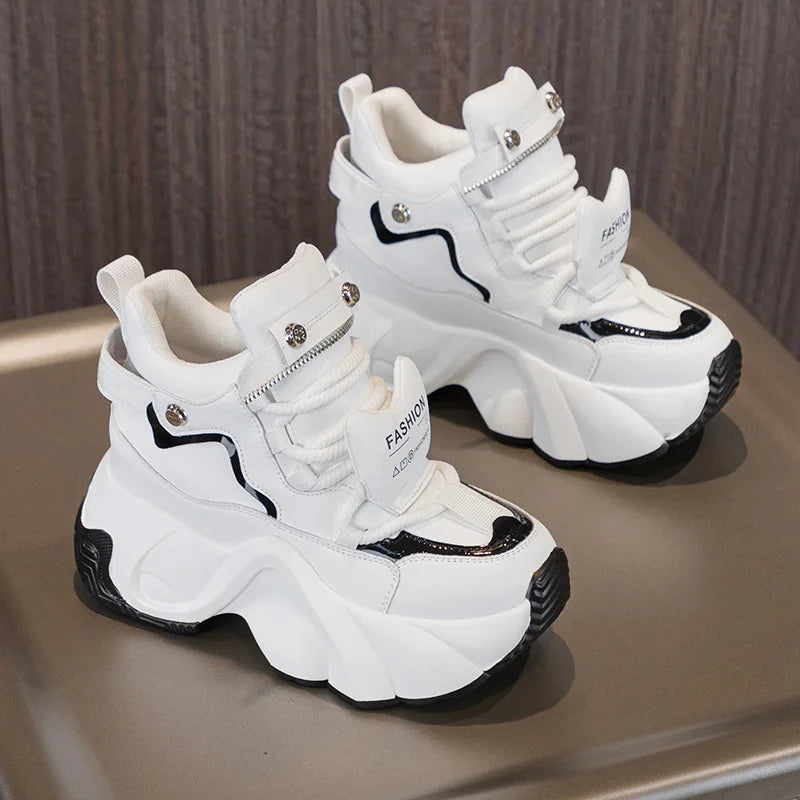 Baskets à plateforme haute en cuir véritable compensés de 8 cm, à lacets pour femmes