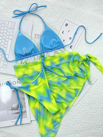 Maillot de bain trois pièces en maille, teinture par nouage, Bikini à volants