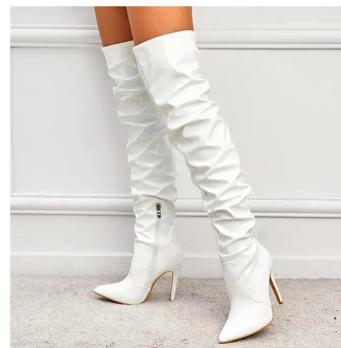 Bottes à bout pointu à enfiler blanches et sexy au-dessus du genou pour femmes
