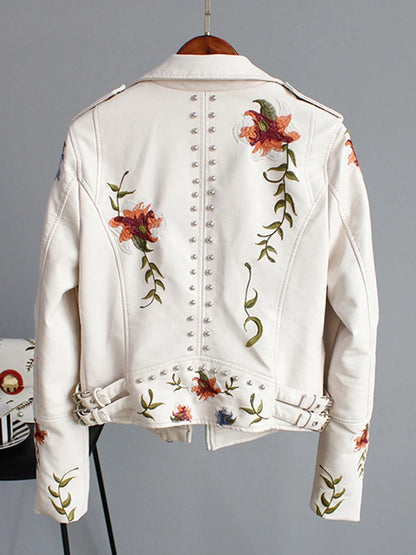 Veste pour femmes Vintage imprimé fleuri broderie courte en Faux cuir fermeture éclair