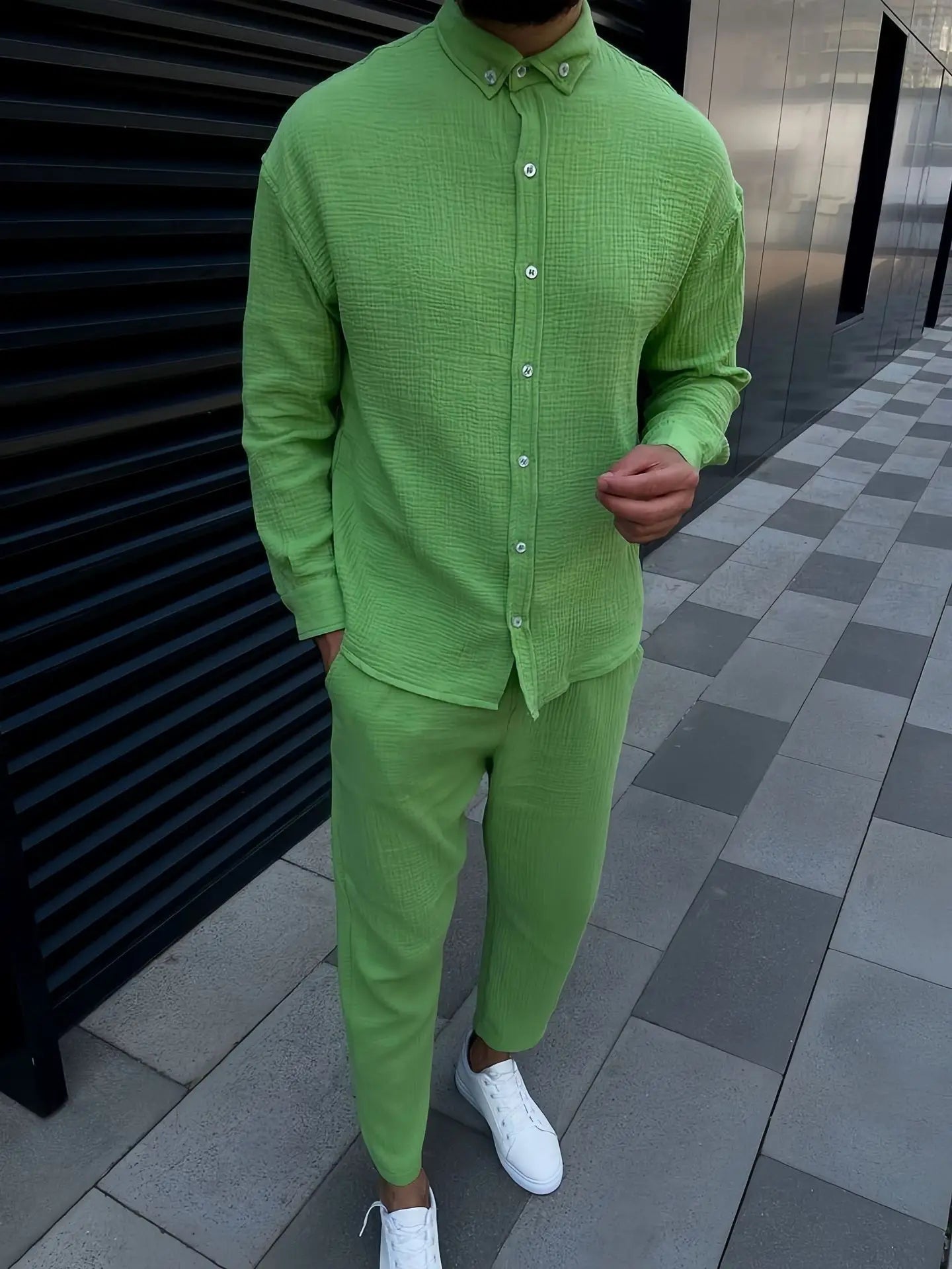 Ensemble chemise décontractée confortable à revers en coton et lin pour hommes