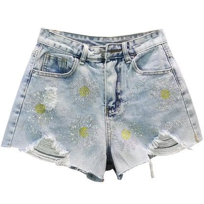 Short en jean court pour femme, taille haute, avec pompon